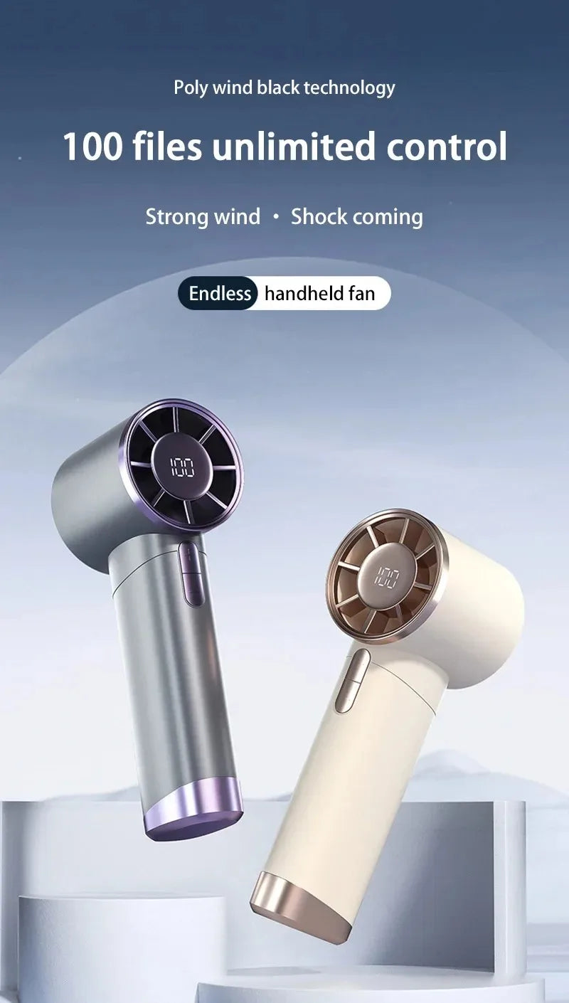 Portable R.E.D. Shopping electric handheld fan with aluminum alloy body, large wind power, digital display, and rechargeable battery.