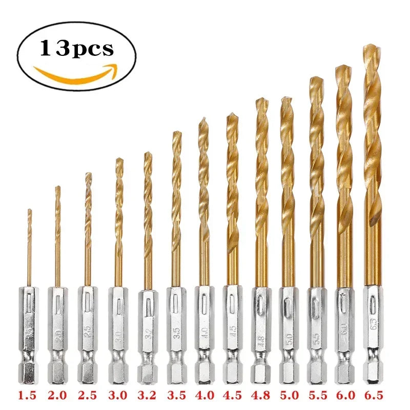 13/16-Piece HSS Titanium Coated Drill Bit Set – 1/4" Hex Shank 1.5–6.5mm