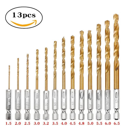 13/16-Piece HSS Titanium Coated Drill Bit Set – 1/4" Hex Shank 1.5–6.5mm