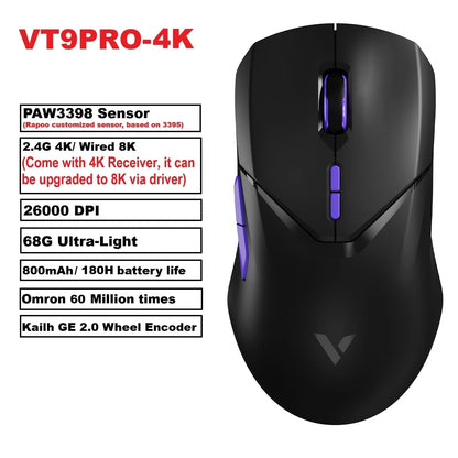Rapoo VT9PRO Wireless Gaming Mouse – PAW3398, 68g, 26000DPI, Type-C, Programmable, Ergonomic