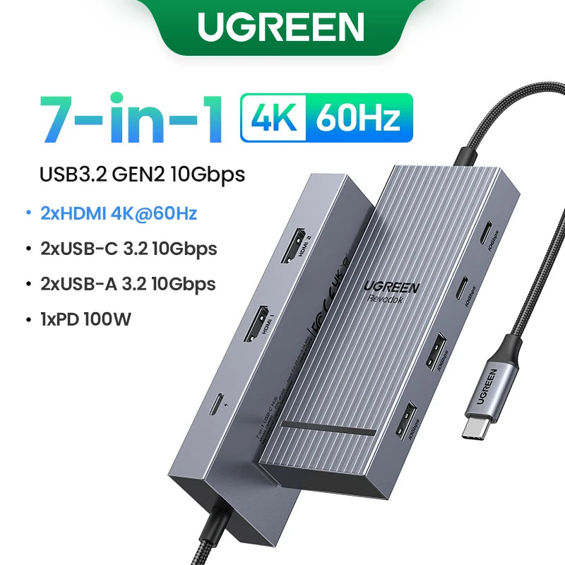 UGREEN USB-C Hub – 4K120Hz DP, 2x HDMI, SD/TF, RJ45, USB3.2 Gen2 10Gbps Docking Station for Laptop
