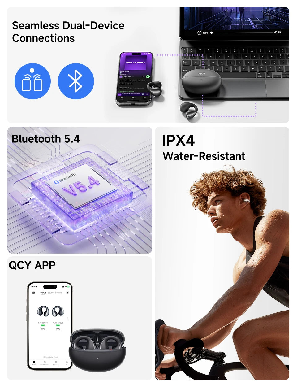 QCY Crossky C30 Ear Clip Bluetooth 5.4 Earphones – Open Ear Sports TWS, Dual-Connection