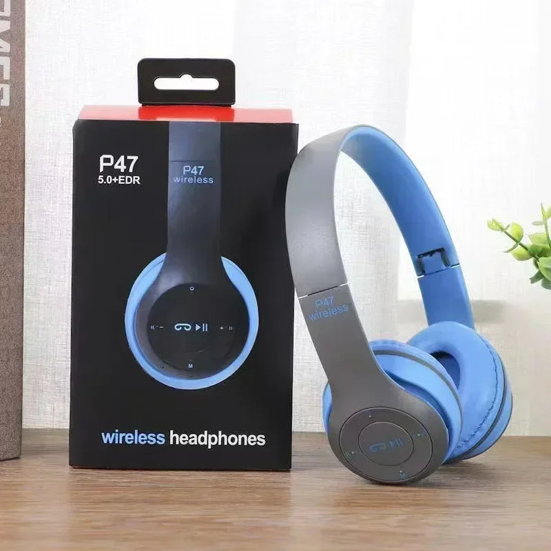 Wireless Bluetooth headset with foldable headband, ear cushions, and control buttons for Bluetooth and wired connections.