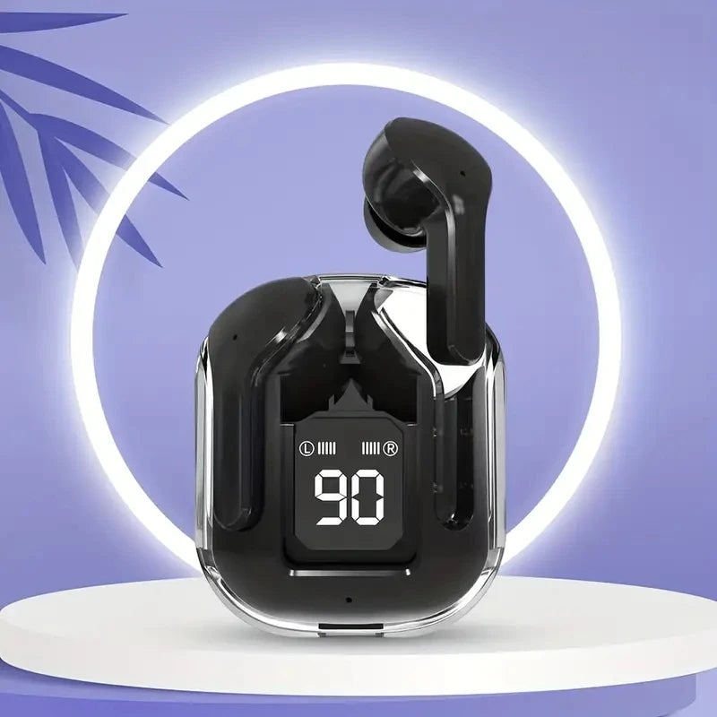 R.E.D. Shopping T2 Wireless Bluetooth Earphones with transparent design, LED display, and 24-hour battery life.