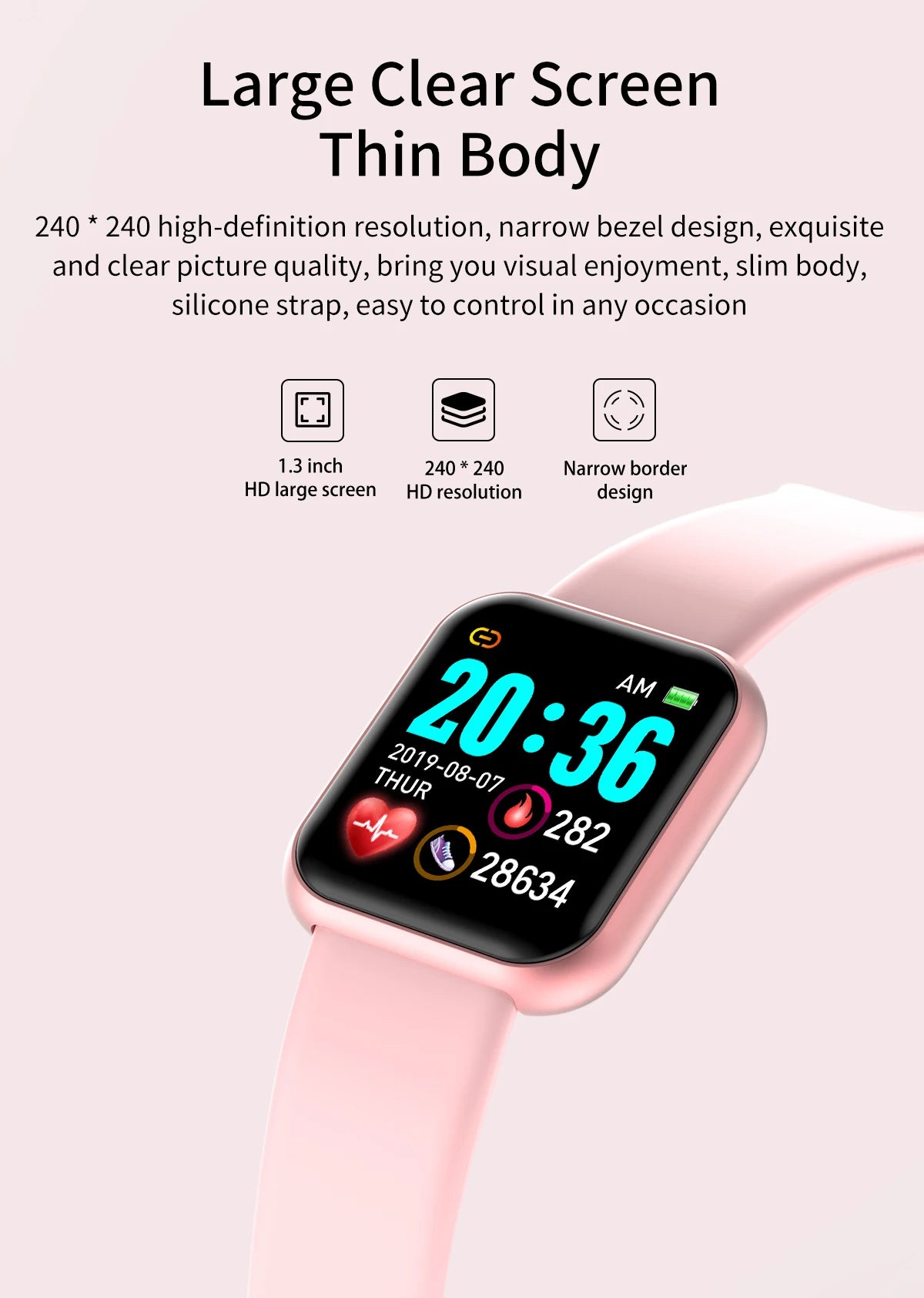 R.E.D. Shopping Y68/D20 smartwatch displaying a digital clock, fitness tracker, and sleep monitor on a sleek black strap.