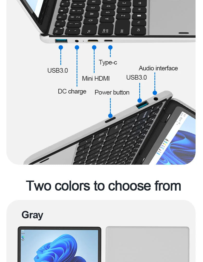 CRELANDER Mini Yoga Laptop 10.95" — 16GB DDR4, M.2 SSD, 360° Flip, Touch Screen, Windows 11
