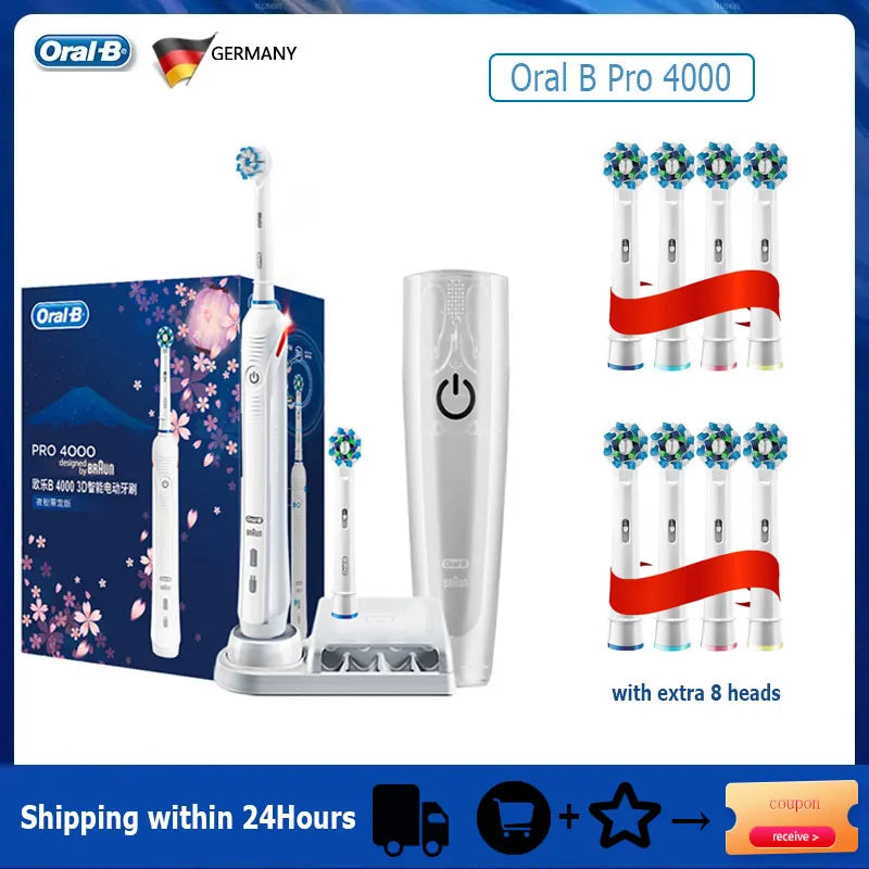 Oral-B Pro 4000 Electric Toothbrush – 3D Action, Pressure Sensor, 4 Modes, Gum Care, Waterproof