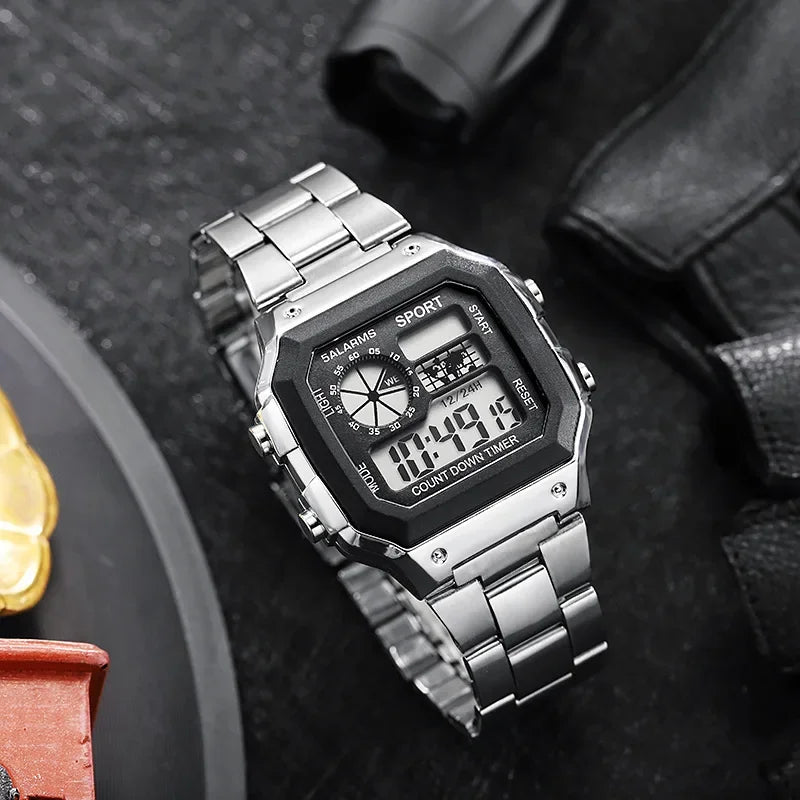 YIKAZE Men's Military LED Sport Watch - Luxury Stainless Steel Strap, Waterproof Digital Wristwatch