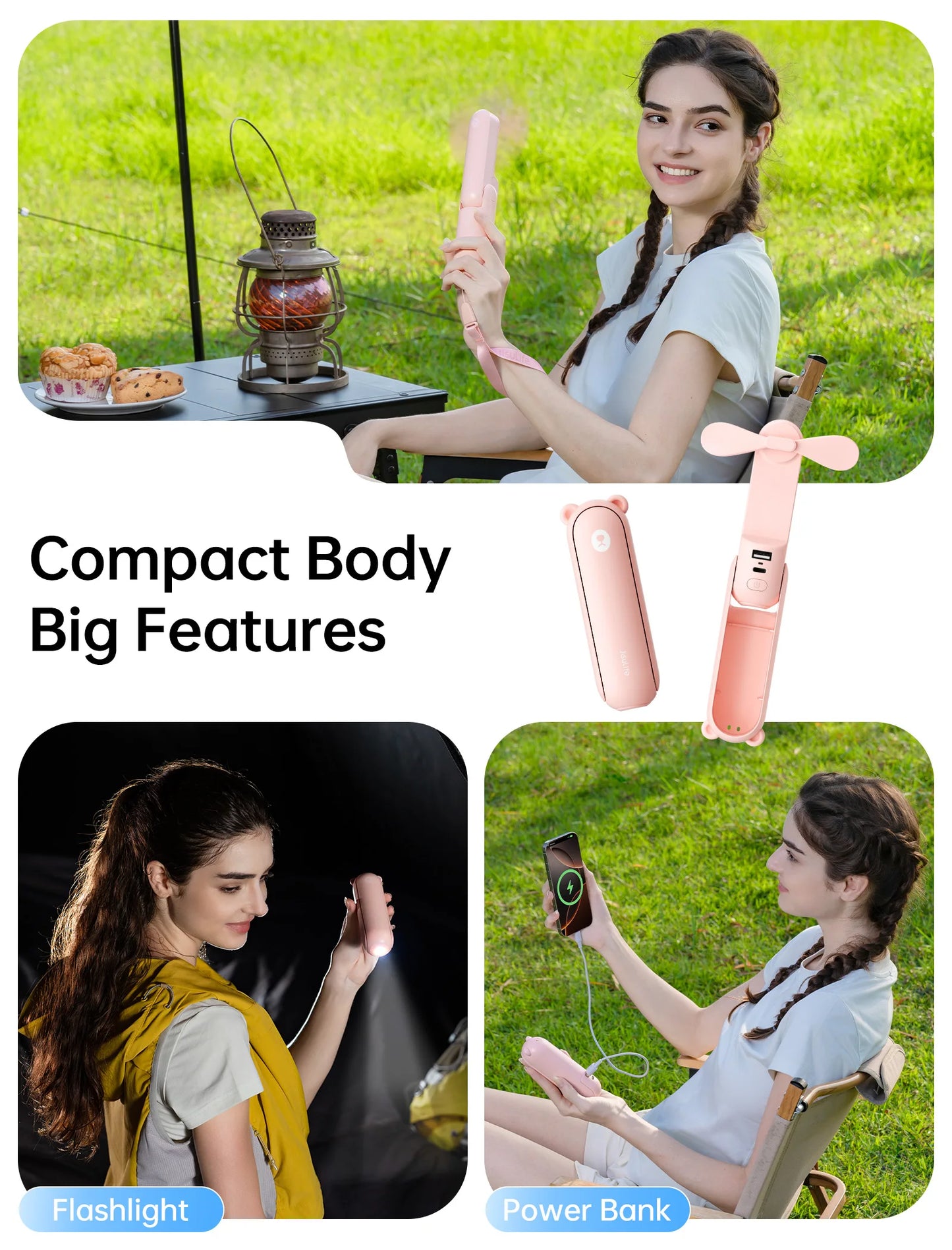 JISULIFE Portable Handheld Fan with Power Bank & Flashlight