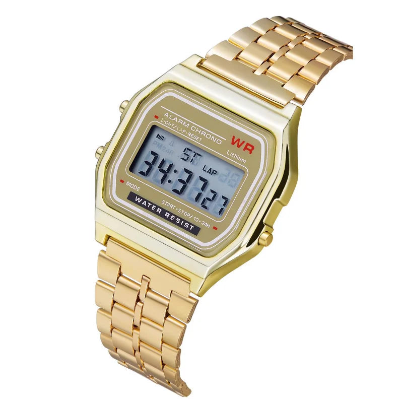 F91W LED Digital Sports Watch - Steel Band, Multi-Function, Unisex Business & Casual Clock
