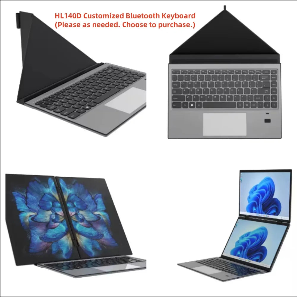 Intel N100 dual-screen laptop with 14-inch 2K touch display, 32GB RAM, 360-degree flip metal case, 2-in-1 design.