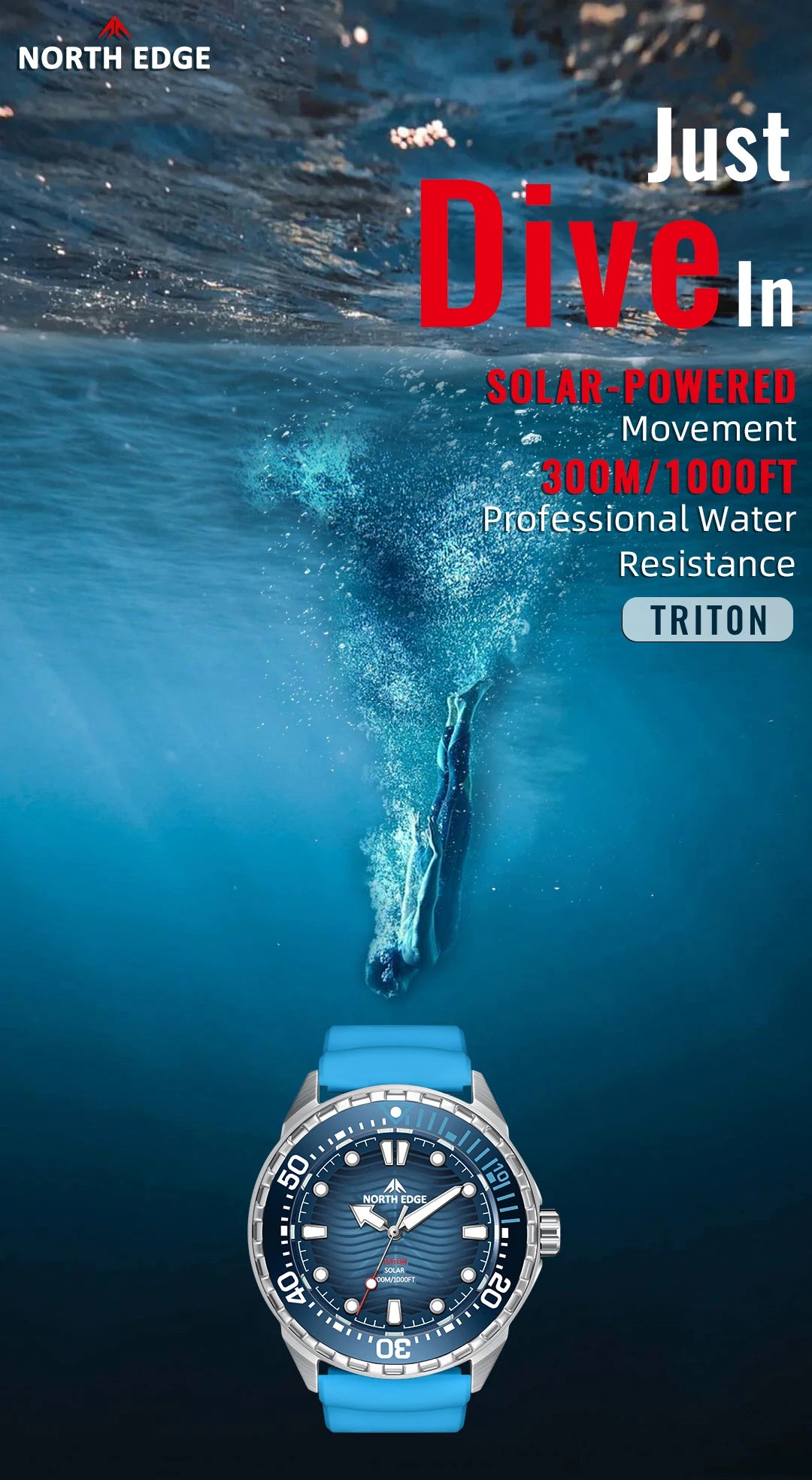 NORTH EDGE TRITON Solar Dive Watch – Men's Luxury Quartz, 316L Steel, 300M Waterproof, 2025