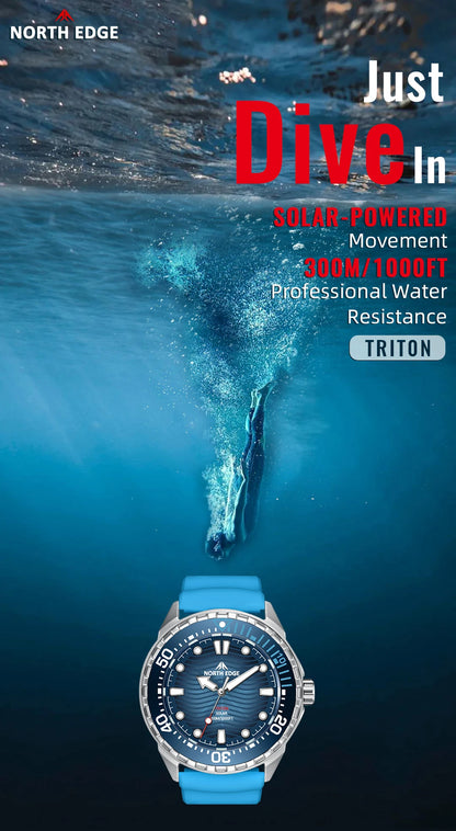 NORTH EDGE TRITON Solar Dive Watch – Men's Luxury Quartz, 316L Steel, 300M Waterproof, 2025