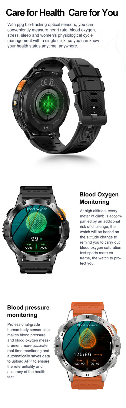 AMOLED Smart Watch for Men – Flashlight, Sports, Waterproof, Bluetooth Call + Box