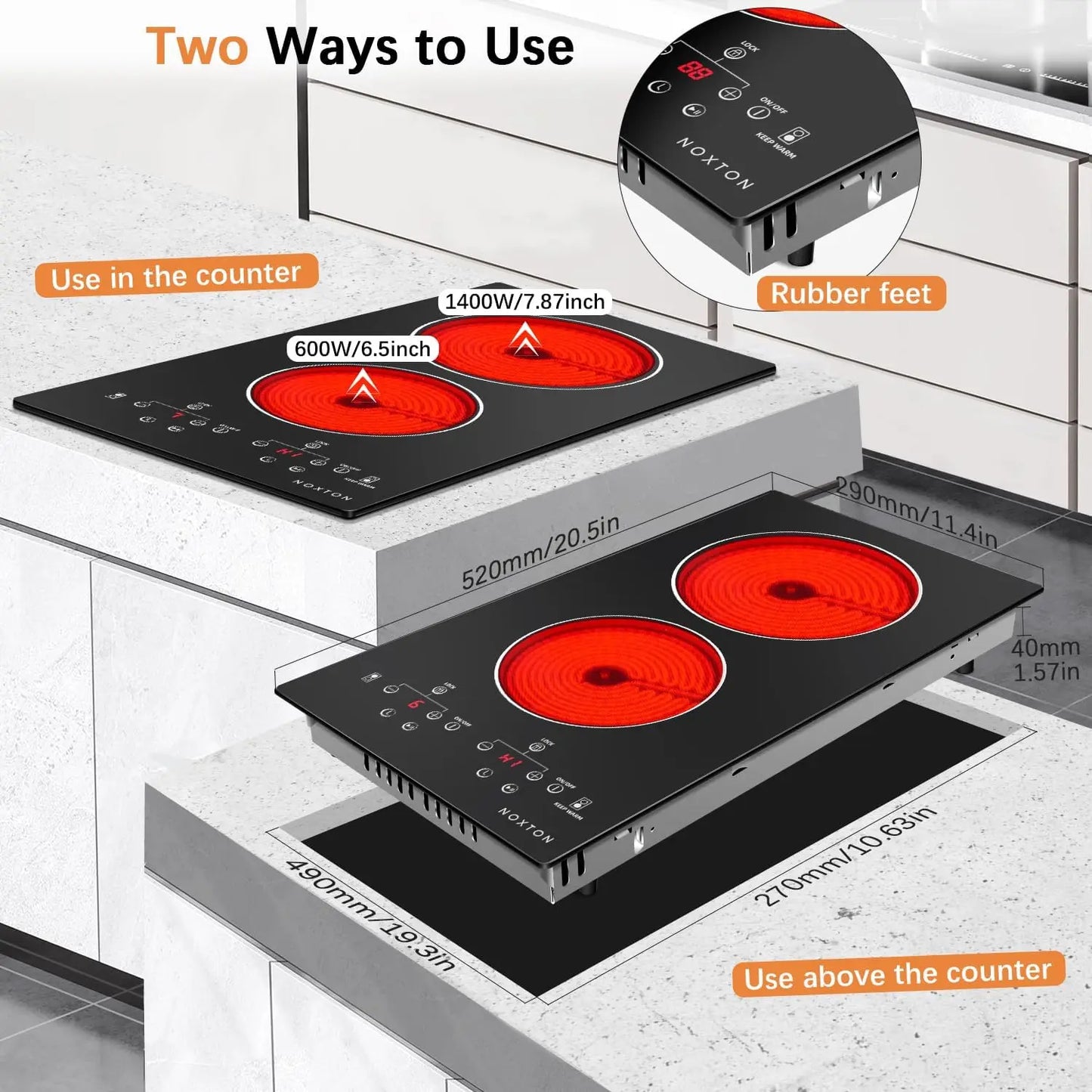 NOXTON 2-Zone Ceramic Hob – Plug-In, 99-Min Timer, Safety Lock, Countertop & Built-In, US 110V / EU-UK 220V