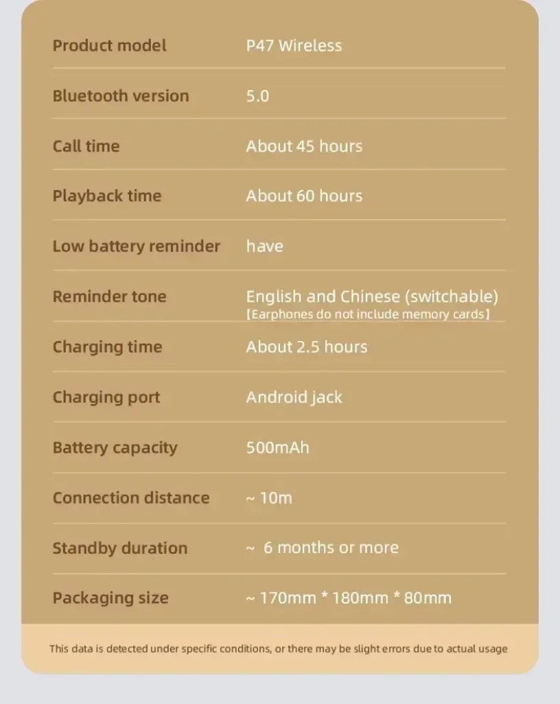 Wireless Bluetooth 5.0 foldable headset with head-mounted design, showing ear cups and adjustable headband for portable audio use.