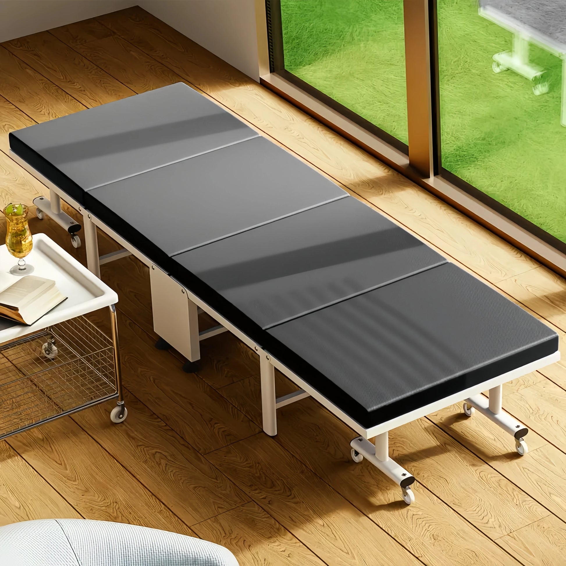 Heavy-duty folding bed with steel frame and lockable casters, available in 60, 70, 80, and 90cm widths, from R.E.D. Shopping