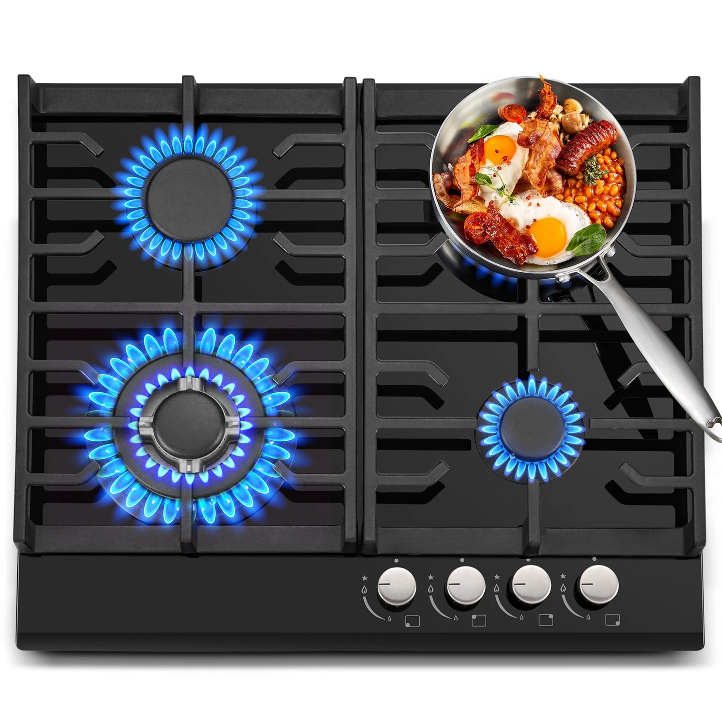 Black glass 60cm built-in gas hob with four burners, cast iron grates, flame failure protection, suitable for NG or LPG.