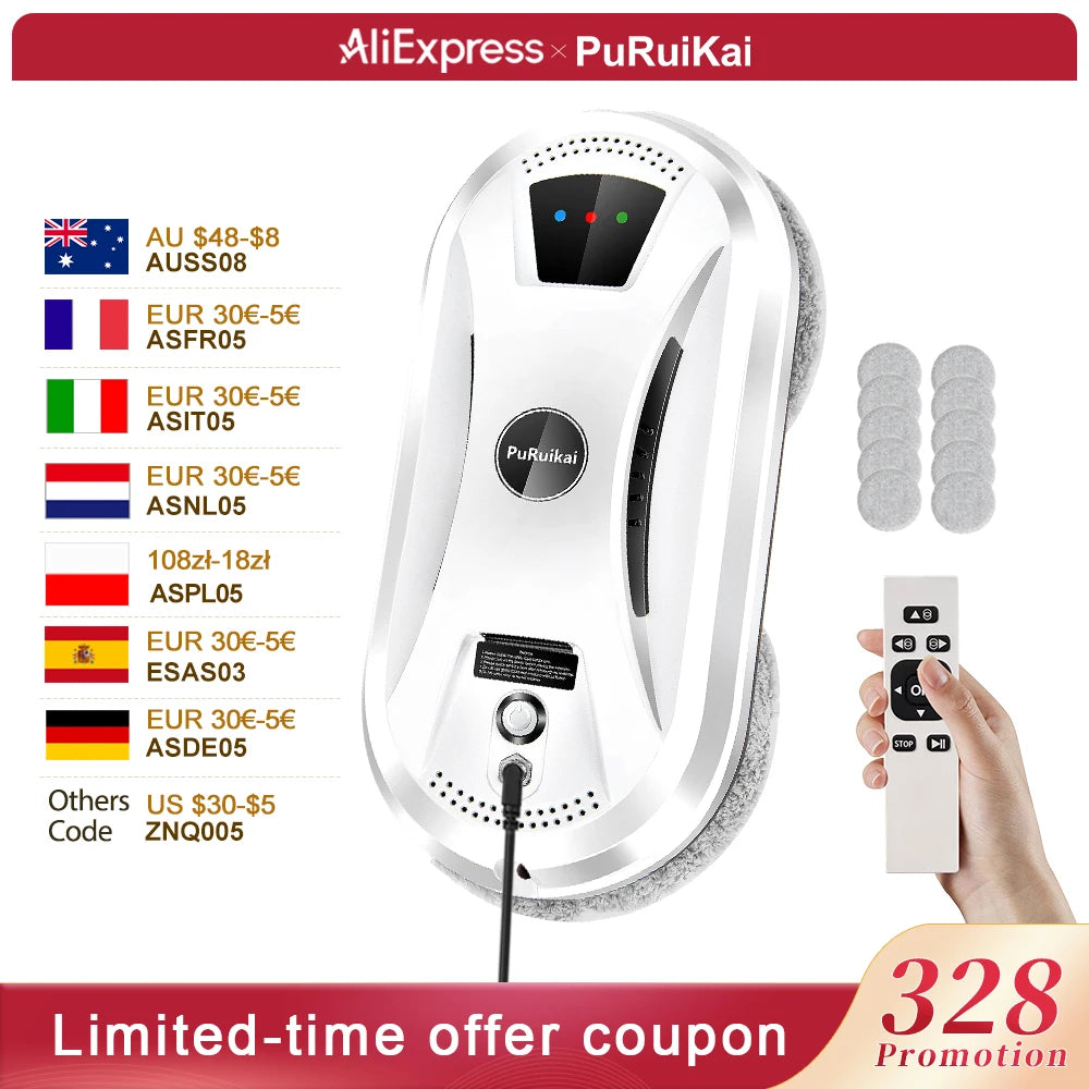 PuRuiKai AI Window Cleaning Robot – Smart Automatic, Streak-Free, Self-Cleaning, Ultra Quiet