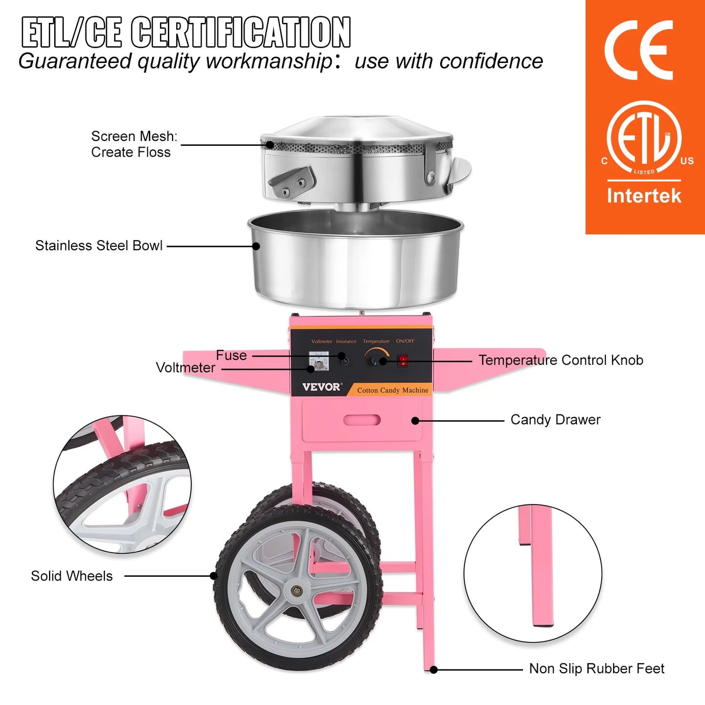 SucceBuy Electric Cotton Candy Machine with Cart | 1000W Commercial Floss Maker | Stainless Steel