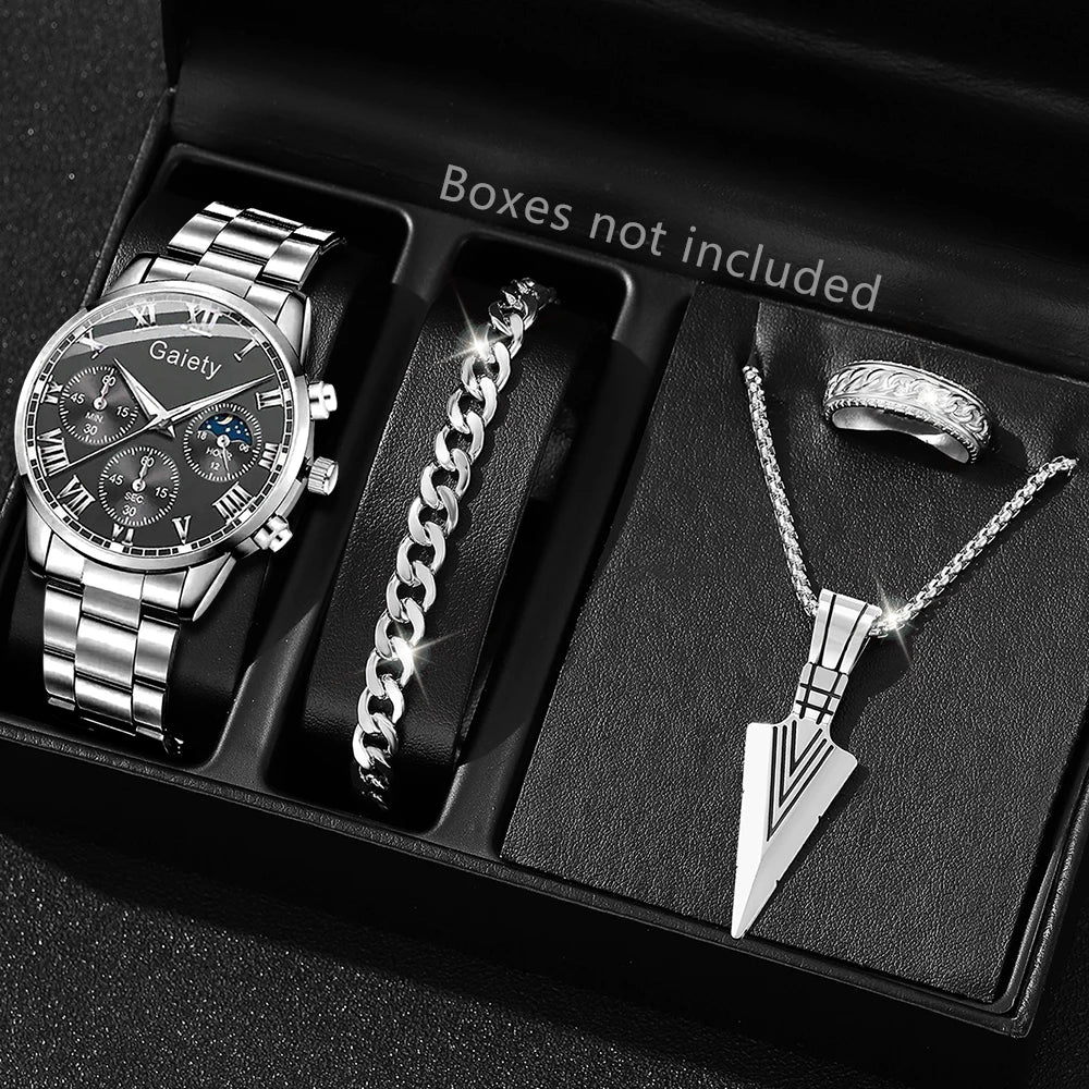 Men’s luxury stainless steel quartz watch with calendar feature, stylish business wristwatch by R.E.D. Shopping.