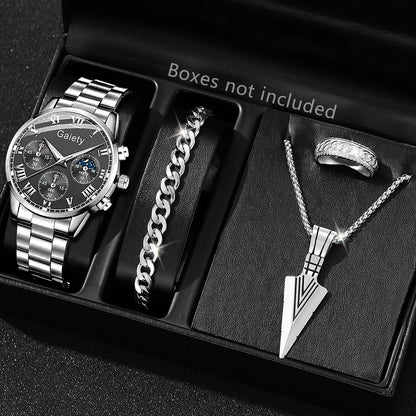 Men’s luxury stainless steel quartz watch with calendar feature, stylish business wristwatch by R.E.D. Shopping.