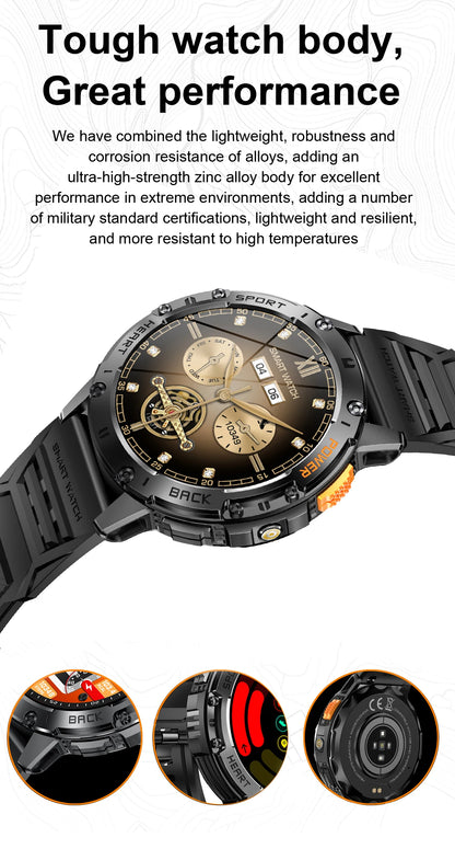 AMOLED Smart Watch for Men – Flashlight, Sports, Waterproof, Bluetooth Call + Box