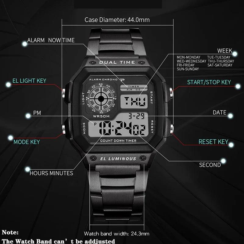 YIKAZE Men's Military LED Sport Watch - Luxury Stainless Steel Strap, Waterproof Digital Wristwatch