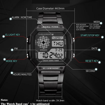 YIKAZE Men's Military LED Sport Watch - Luxury Stainless Steel Strap, Waterproof Digital Wristwatch