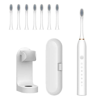 Xiaomi 6 Gear Sonic Electric Toothbrush with 8 brush heads, waterproof, rechargeable, featuring smart whitening technology.