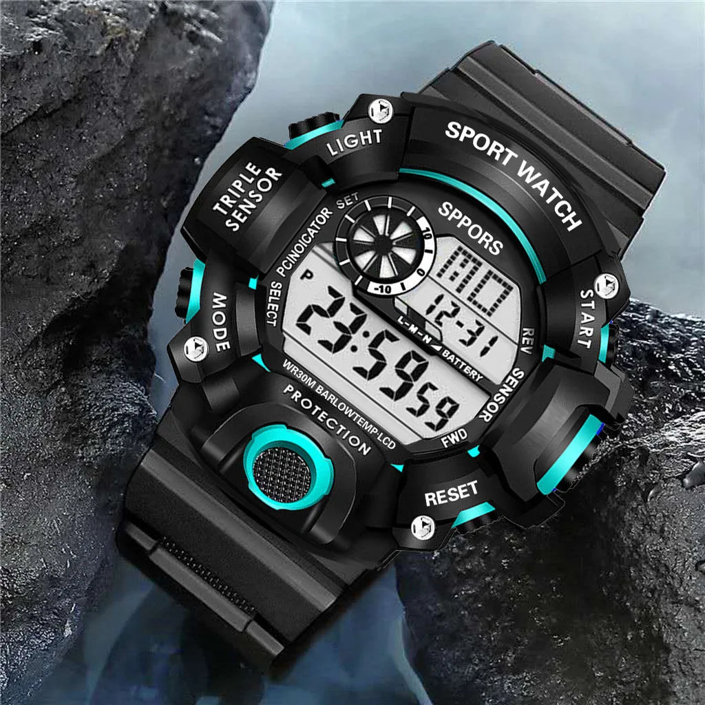 Men's sports electronic wristwatch with large dial, waterproof design, luminous display, and alarm from R.E.D. Shopping.