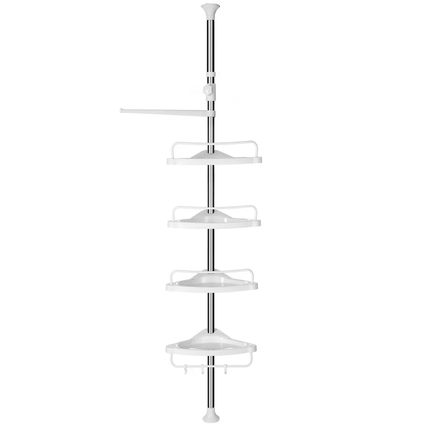Stainless steel adjustable 4-tier shower caddy corner shelf with removable trays for bathroom storage, extends 95-300cm.