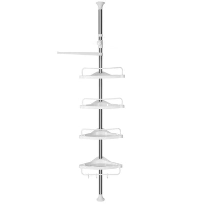Stainless steel adjustable 4-tier shower caddy corner shelf with removable trays for bathroom storage, extends 95-300cm.