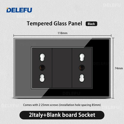 DELEFU Black Tempered Glass Wall Socket – USB Type-C Fast Charging Schuko & Italy