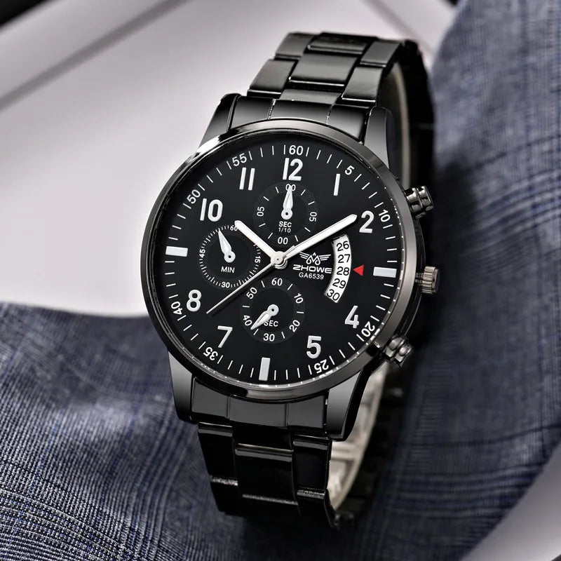 Men's luxury business watch with steel strap and calendar display, stylish gift watch by R.E.D. Shopping