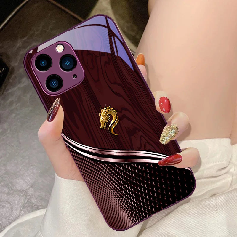 Wood grain dragon rose iPhone case by R.E.D. Shopping featuring artistic design and tempered glass protective cover for smartphones.