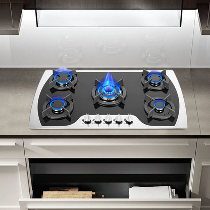 5-Burner Gas Cooktop | Al-Alloy | Tempered Glass | Built-in | Domestic & Commercial