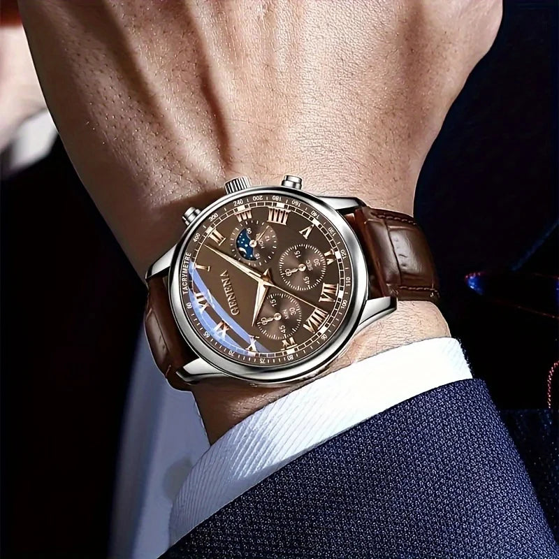 Geneva men's luxury quartz watch with leather strap, Roman numerals, water-resistant design, stylish jewelry accessory