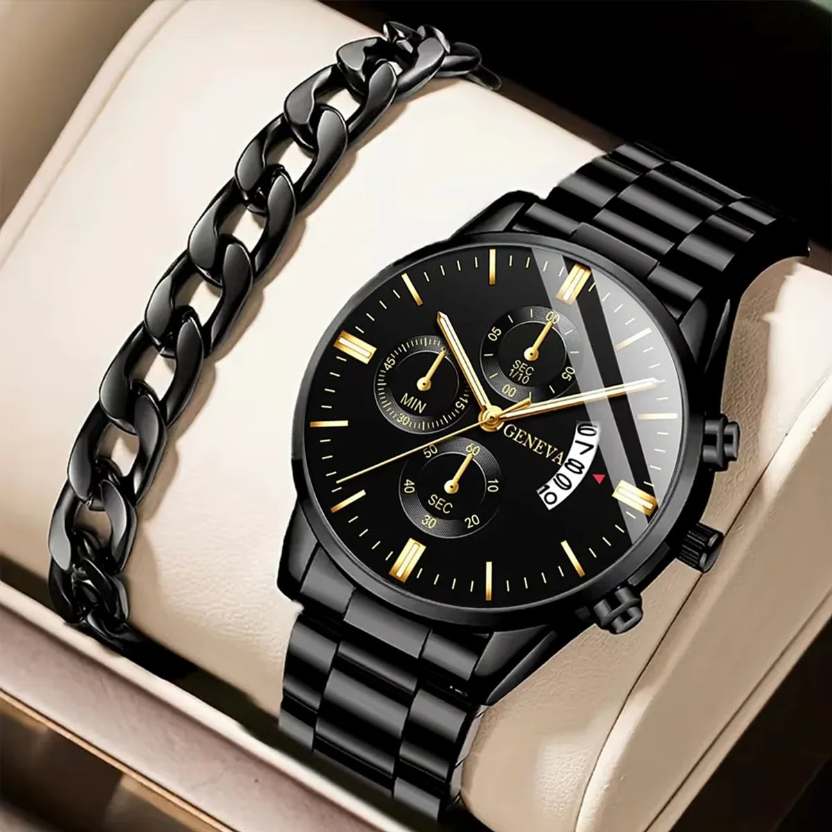 Men’s luxury stainless steel quartz watch with calendar display, stylish business wristwatch by R.E.D. Shopping
