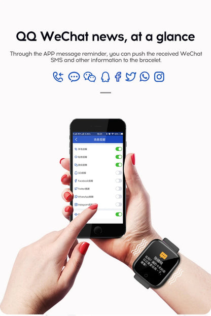 R.E.D. Shopping Y68/D20 smartwatch showing a digital display with fitness stats, sleep monitor icons, and music control features.