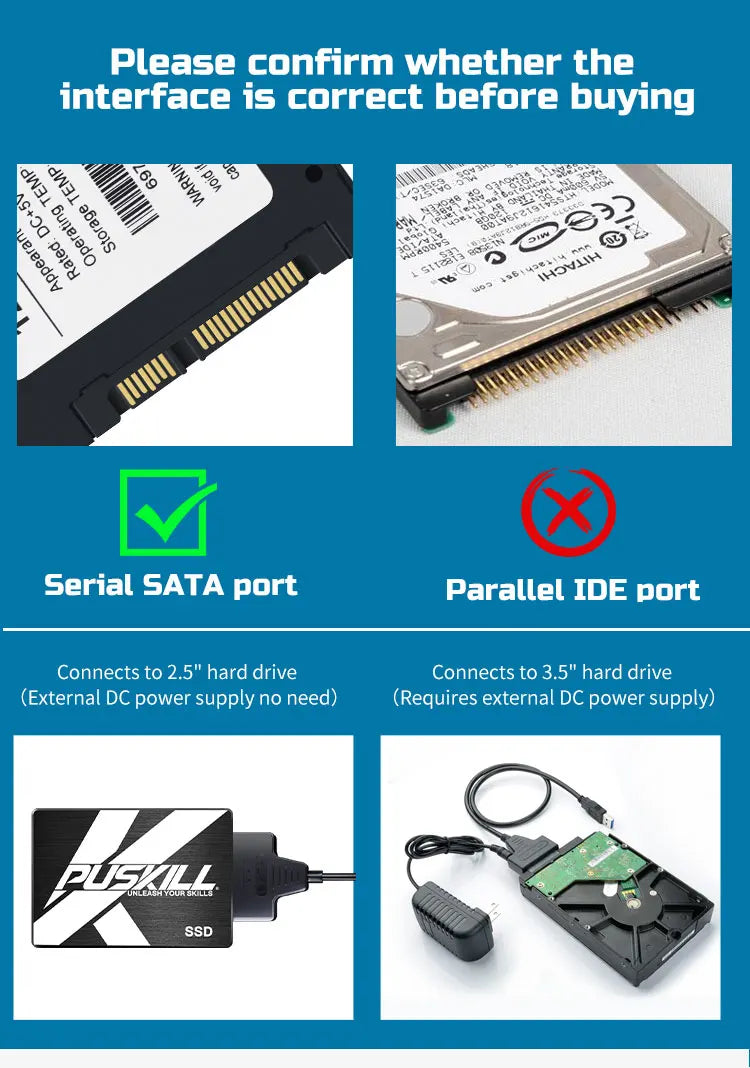 USB 3.0 to SATA Cable for 2.5"/3.5" HDD & SSD – with 12V/2A Power Adapter