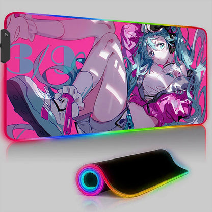 Kawaii Pink Hatsune Miku Anime RGB Mouse Pad – XXL LED Gaming Deskmat, Keyboard Carpet