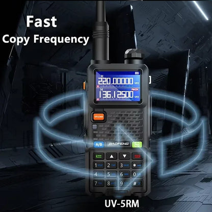 Baofeng UV-5RM walkie talkie with four-band radio, large 3800mAh battery, and digital display, designed for reliable two-way communication.