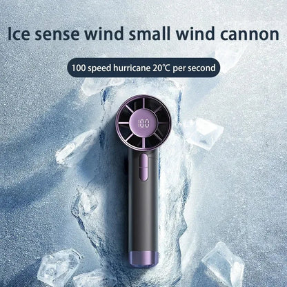 Portable R.E.D. handheld electric fan with aluminum alloy body, digital display, large wind head, rechargeable, 100-speed settings.