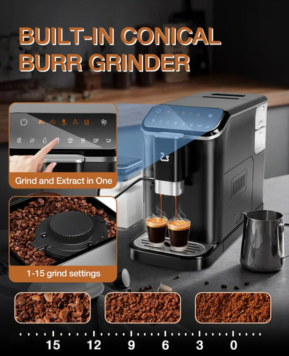 20 Bar Fully Automatic Espresso Machine – Built-in Grinder, Milk Frother, 6 Recipes, 1.5L Tank
