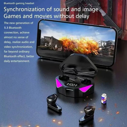 R.E.D. Shopping TWS wireless Bluetooth gaming earbuds with LED display, microphone, noise canceling, and sleek in-ear design.
