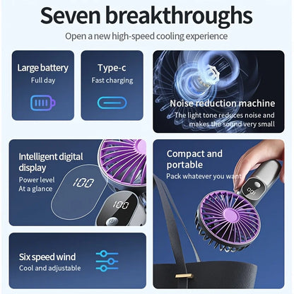 Mini Portable USB Fan | 6 Speeds | Digital Display | Foldable 3-in-1 | Handheld, Neck & Desktop | Outdoor