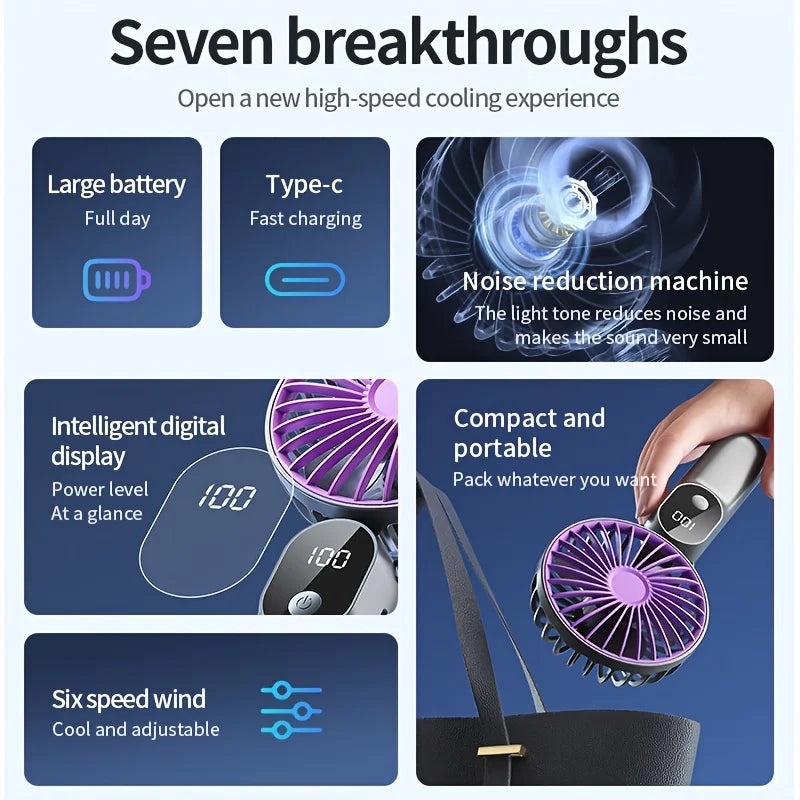 2026 Mini USB Fan | 6 Speeds | Digital Display | 3-in-1 Handheld / Neck / Desktop