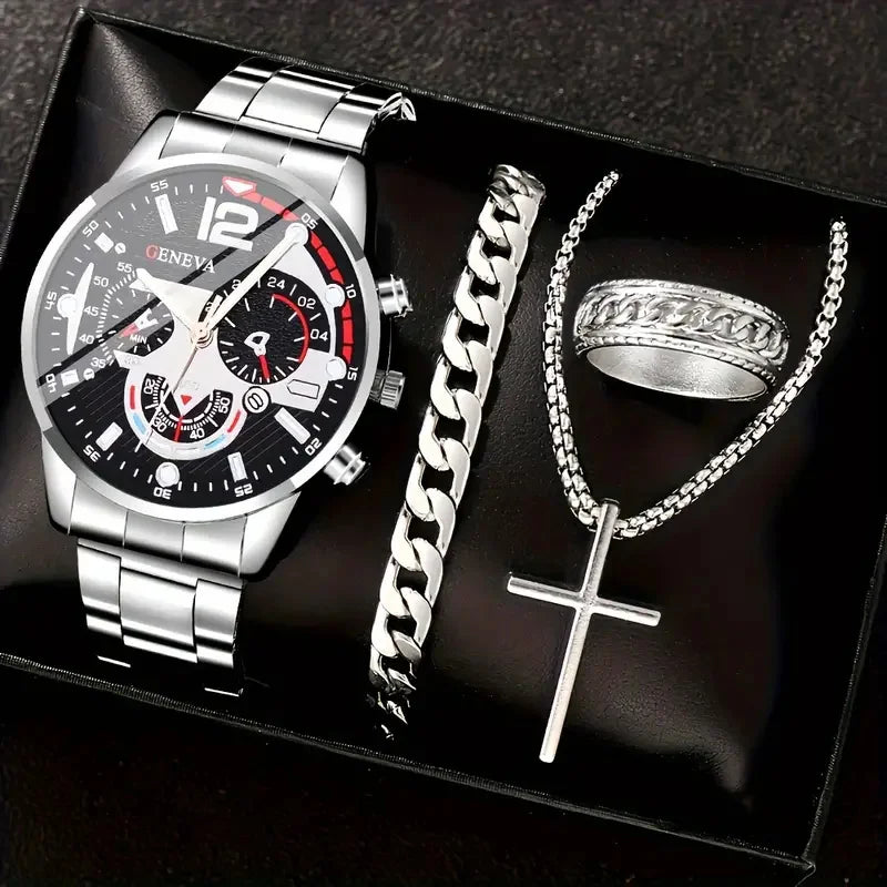 Men's gold watch and jewelry gift set including a Roman quartz watch, necklace, bracelet, and ring by R.E.D. Shopping