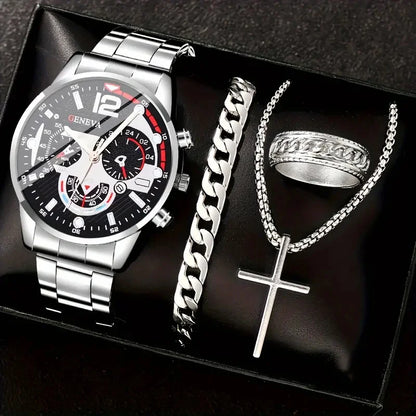 Men's gold watch and jewelry gift set including a Roman quartz watch, necklace, bracelet, and ring by R.E.D. Shopping